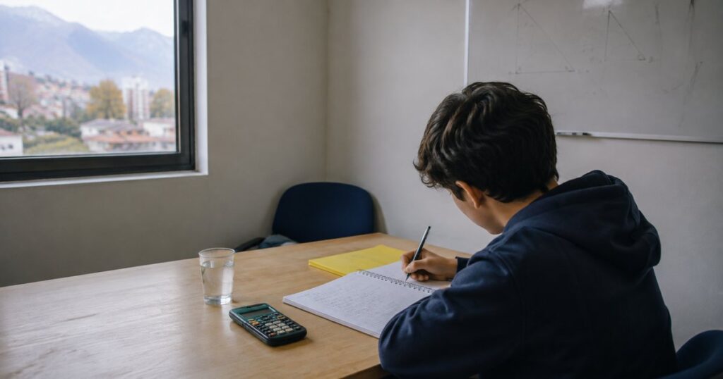 Estudiante resolviendo ejercicios de matematica con calculadora cientifica